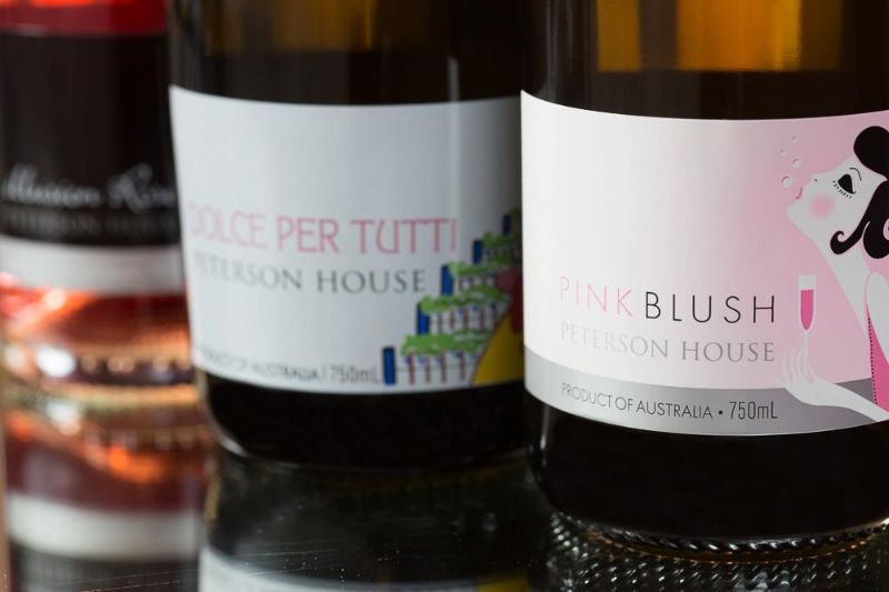 Close-up image of two wine bottles from Peterson House in Hunter Valley.
