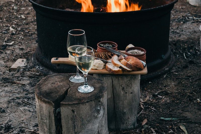 Glasses of wine while camping.