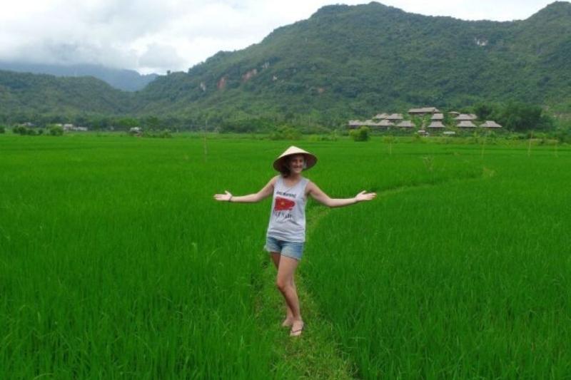 woman with cheesy tshirt in Vietnam